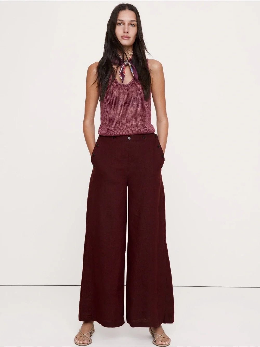 NWT Banana Republic High Rise Wide Leg Pull On Linen Sailor Burgandy Pant Sz M/T